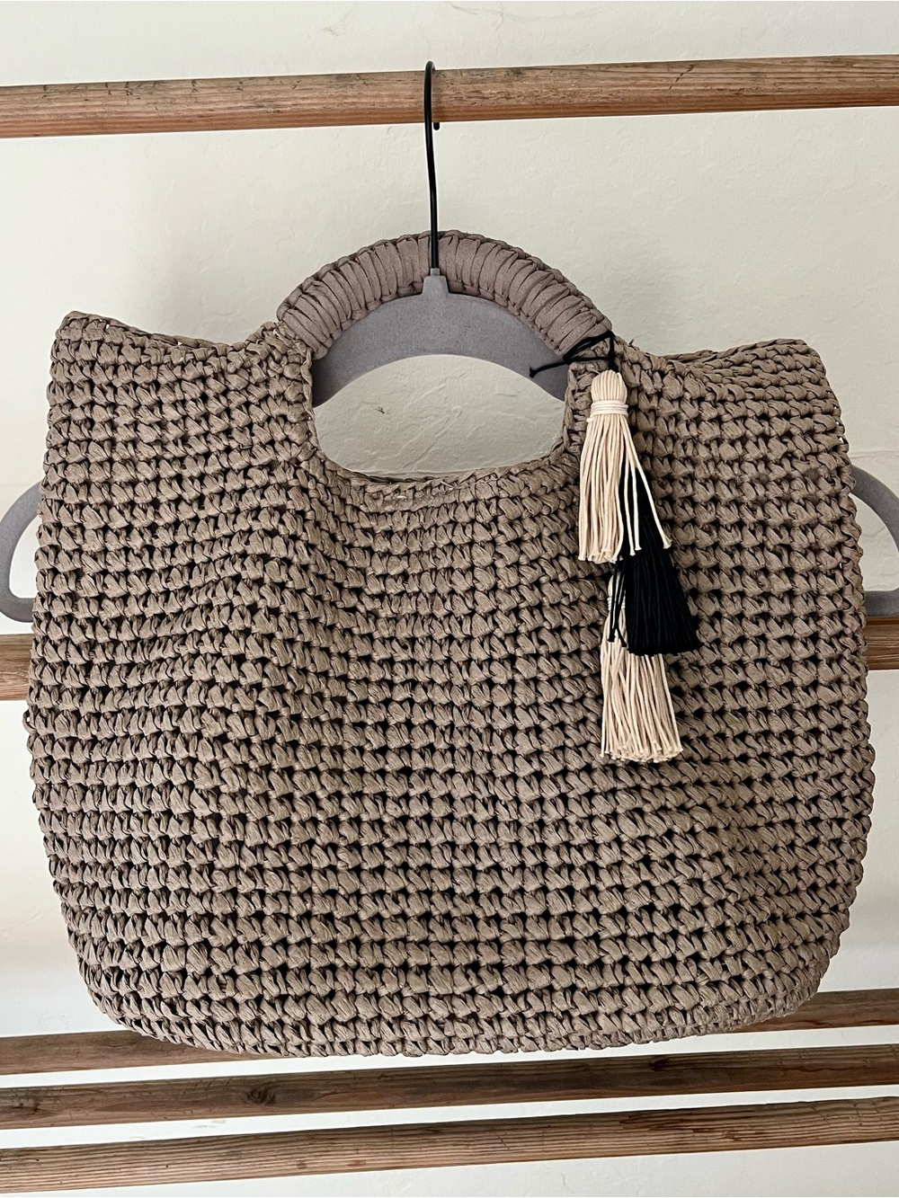 Fallon and Royce- Paloma Taupe Woven Straw Tote Bag with Tassel Accent